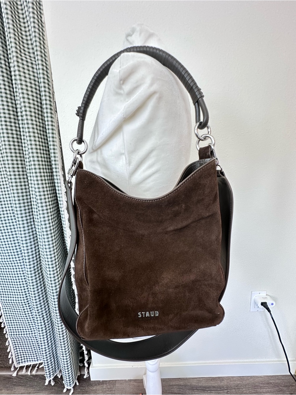 STAUD Mel Suede Shoulder Convertible Crossbody Bag with Leather Strap Truffle - Picture 2 of 9